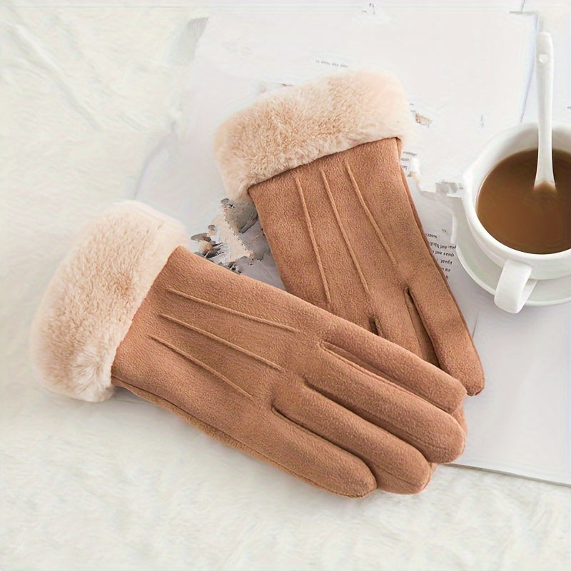 Soft Plush Cuff Suede Gloves in Solid Color with Added Velvet for Extra Warmth - Women's Autumn and Winter Gloves for Wind and Cold Protection