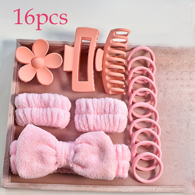 16-piece hair accessory set in pink & black for women and girls, includes headbands, wristbands, and hair clips, perfect for travel, spa, makeup, and gifting.