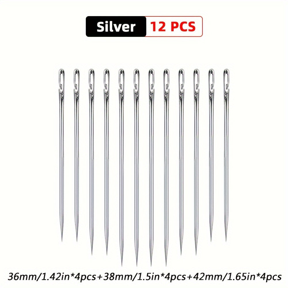 Set of 6 or 12 Side Hole Self-Pass Sewing Needles designed for elderly users, includes multiple sizes for DIY hand sewing.