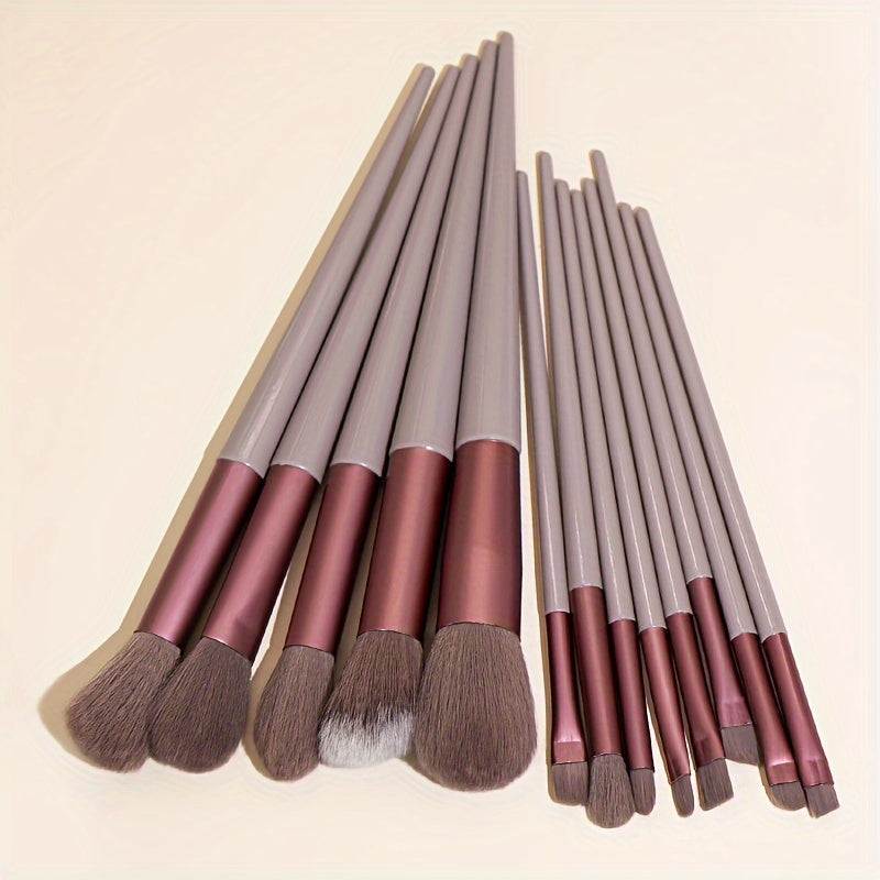 13 piece soft bristle makeup brush set in cream brown with pink & gray handles. Includes powder, blush, eyeshadow, and highlight brushes. Quick-dry, portable, and suitable for all skin