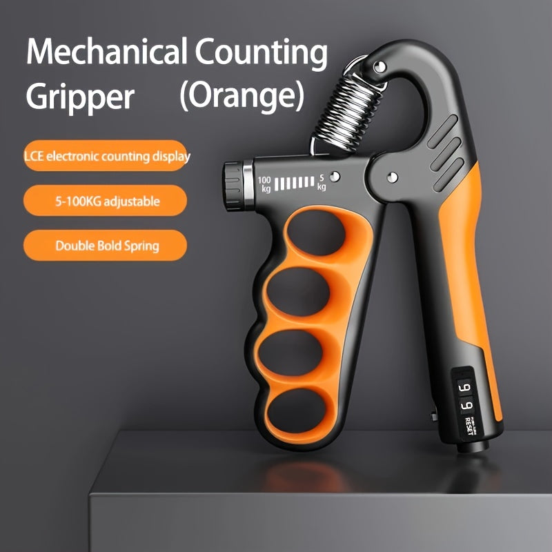 Hand grip strengthener with adjustable 5-100kg resistance and ergonomic design. Features double bold spring for fitness and rehabilitation training in orange/gray/red colors.