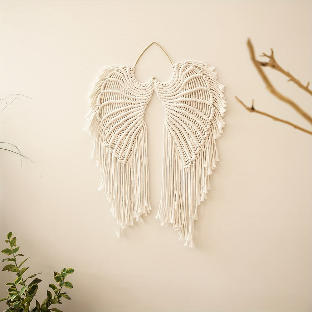 Handmade Macrame Wall Tapestry in Angel's Wing Design, featuring Long Tassels for a Bohemian and Cozy Cotton Home Decor. Perfect for Home, Office, Bedroom, Living Room, or Dorm Decoration.