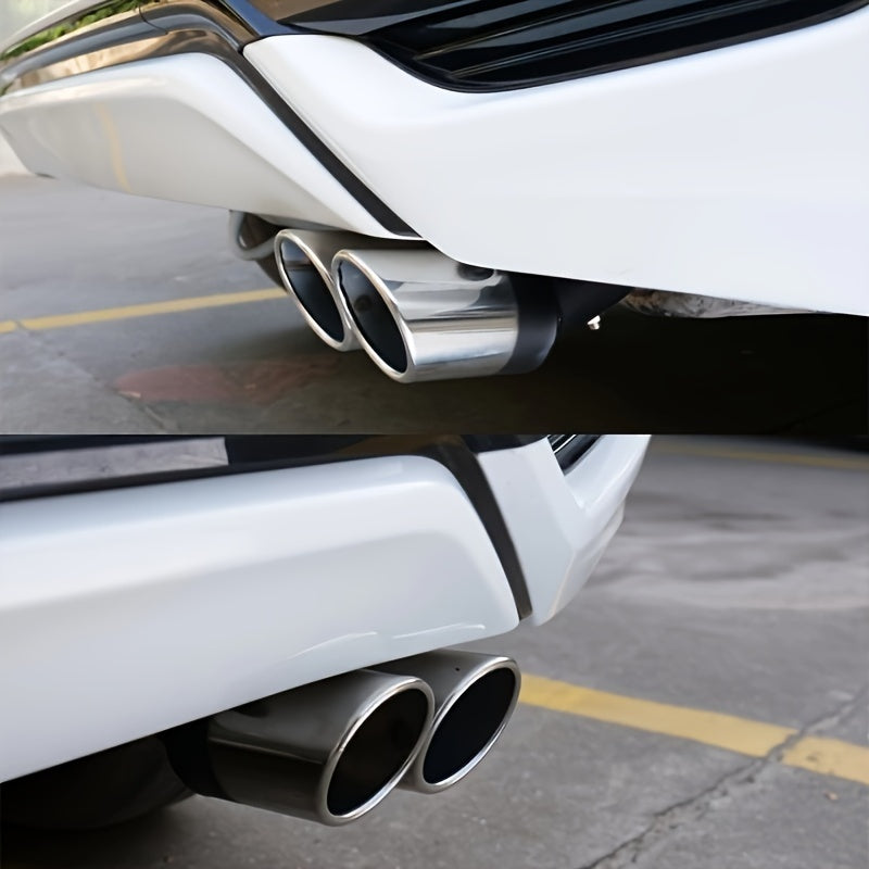 Universal dual air outlet exhaust head in chrome stainless steel for automotive rear tailpipe accessories.