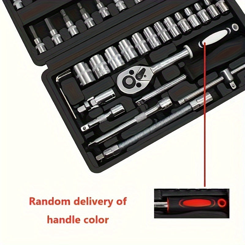 46-piece car repair tool set includes spanners, socket wrench, ratchet, torque wrench, screwdriver, and accessories for cars, bicycles, and motorcycles. Portable and multifunctional.