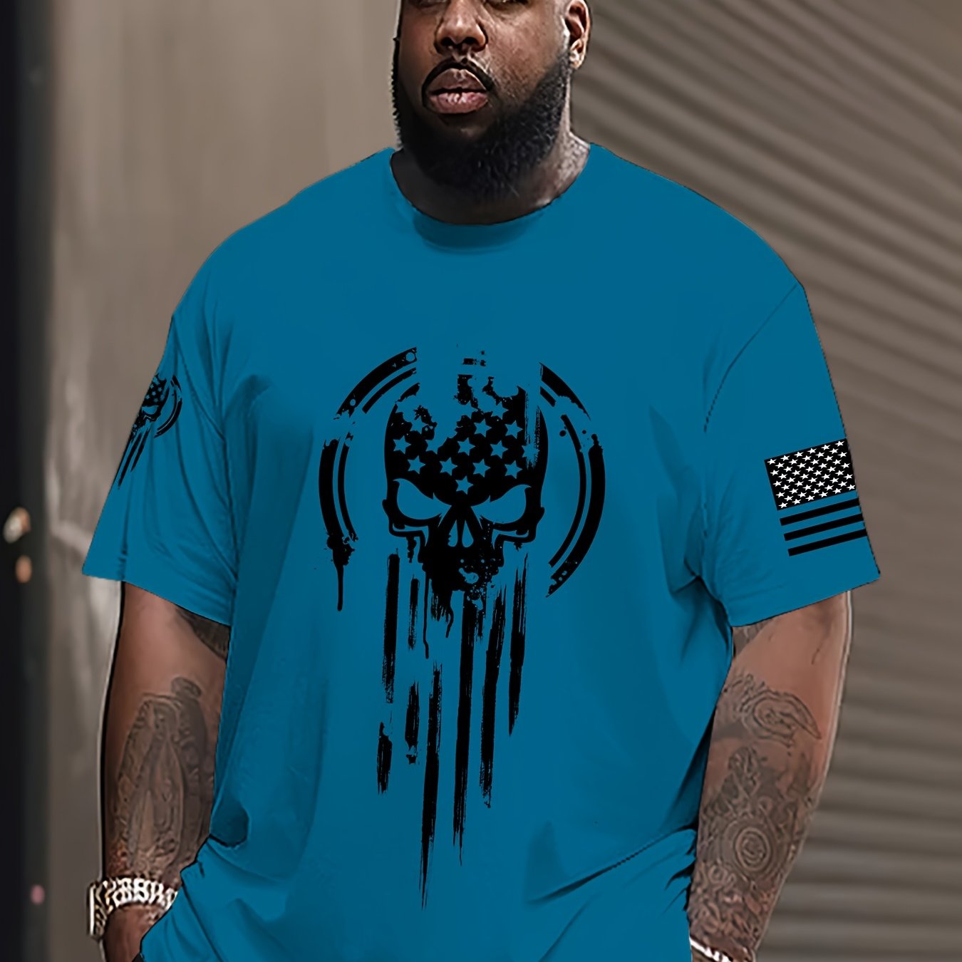 1pc Men's American Warrior Skull Military Print T-Shirt with crew neck, polyester knit fabric and slight stretch for summer wear, in regular fit and plus size.