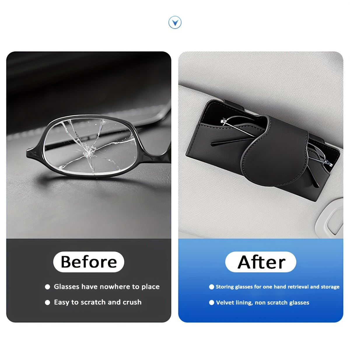 Car visor glasses holder with magnetic closure, PU leather eyeglasses storage clip, vehicle sun visor organizer with strong adsorption.