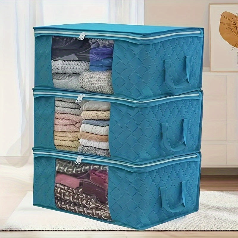 Clear-windowed fabric storage bins, stackable wardrobe organizers that are dustproof and foldable. These clothing storage boxes are sealed closet organizers for adult and teen apparel, ideal for home organization and as holiday gifts.