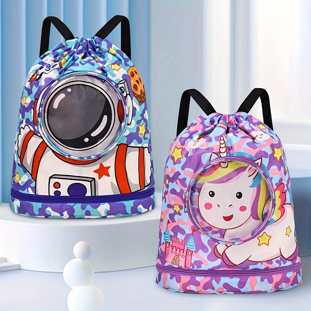 Purple swim bag with dry/wet separation, stylish cartoon design, ideal for sports and travel.