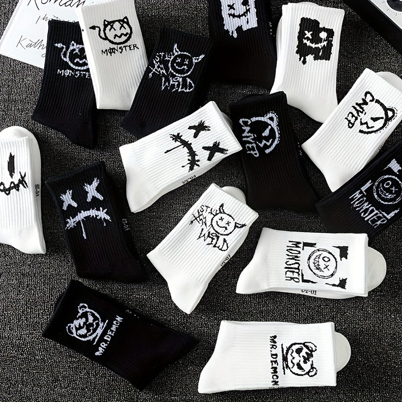 5 pairs of men's black and white graffiti pattern crew socks, comfortable and breathable, suitable for all seasons.