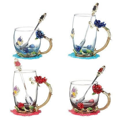 Rose enamel crystal tea cup with butterfly and rose design, includes spoon, clear glass.