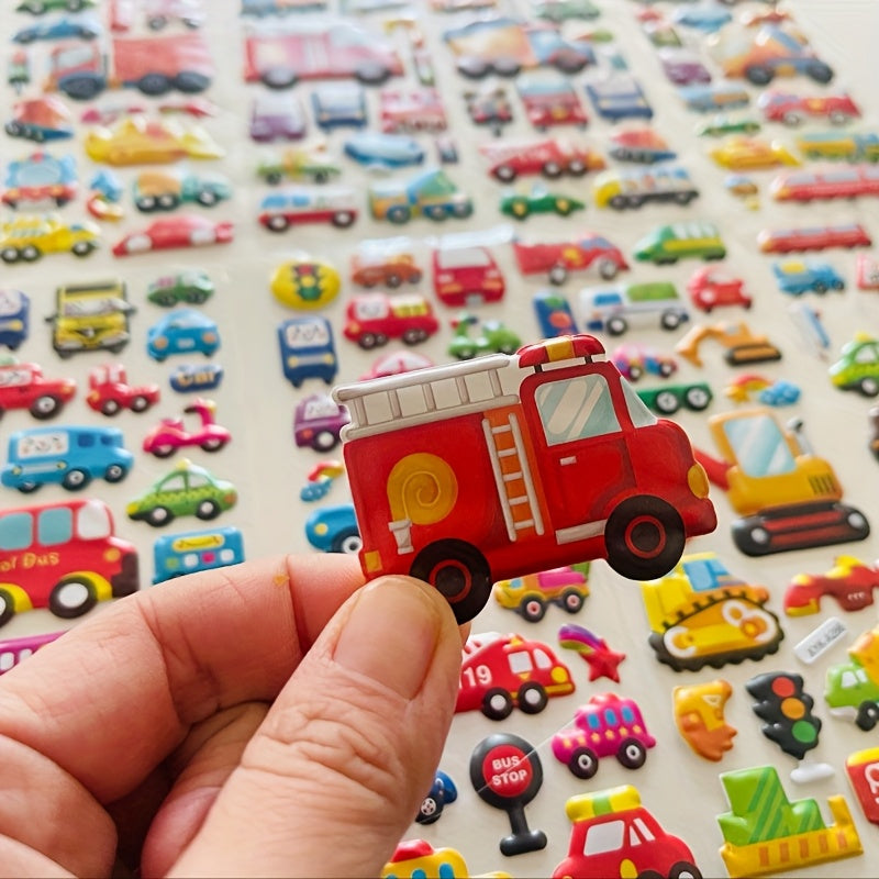 Set of 8 cartoon vehicle stickers featuring 3D Stereoscopic Cars, Fire Trucks, and Excavators. Fun and educational reward stickers in mixed colors, self-adhesive plastic.