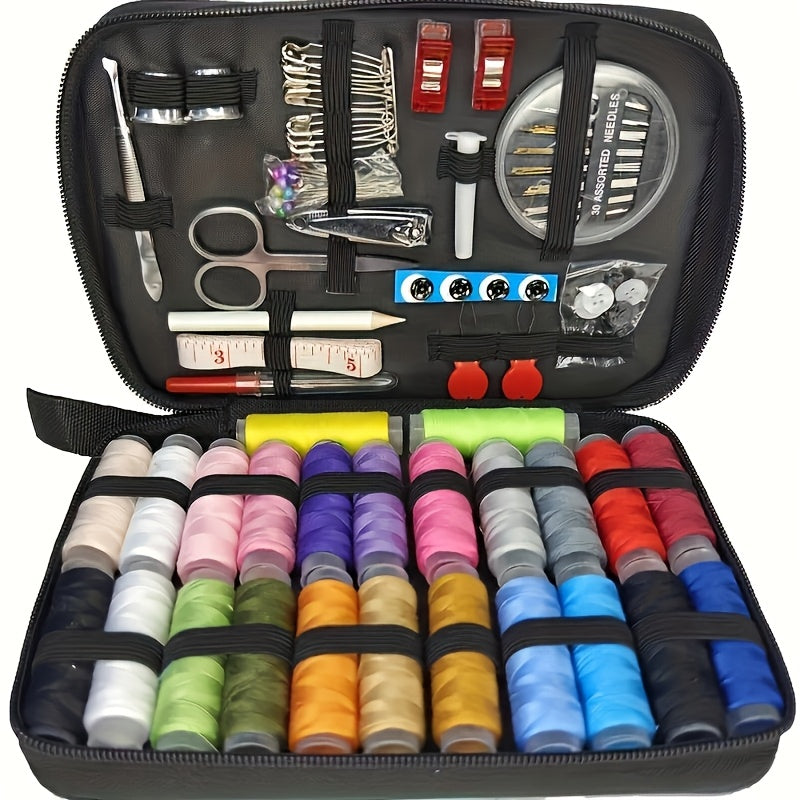 27-piece portable sewing kit with vibrant threads, needles, and essentials for home, office, or travel.