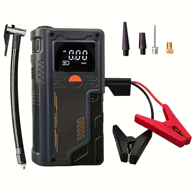 Portable car inflator pump with emergency night light and wireless power supply. Features 8000mAh lithium battery for tire inflation and emergency use.