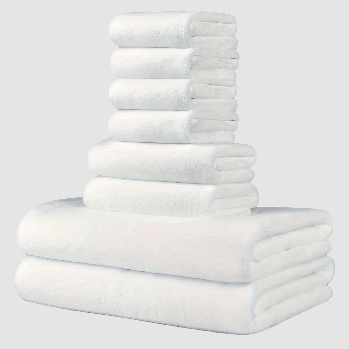 This 8-piece set includes 2 bath towels (68.58 X 139.7 cm), 2 towels (34.8 X 74.93 cm), and 4 square towels (29.97 X 29.97 cm). They are super soft, quick-drying, absorbent, and