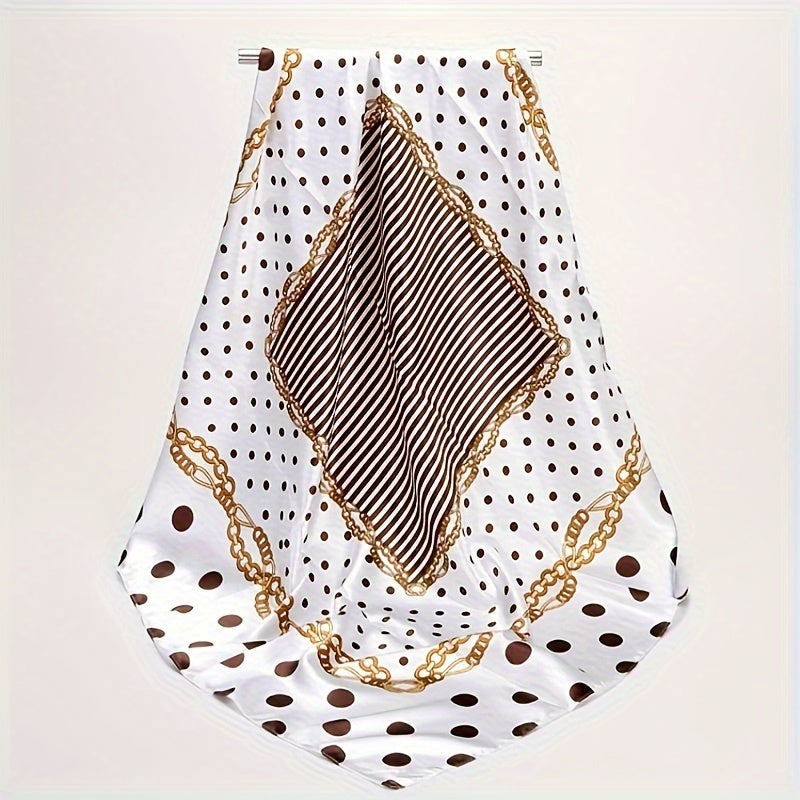 Lightweight silk faux scarf with fashion satin polka dot print, measures 88.9cm square.