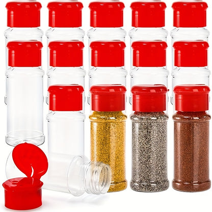 10 durable plastic spice jars with shaker lids, perfect for salt, sugar, and pepper. Ideal for kitchen, BBQ, camping, picnics, and outdoor cooking.