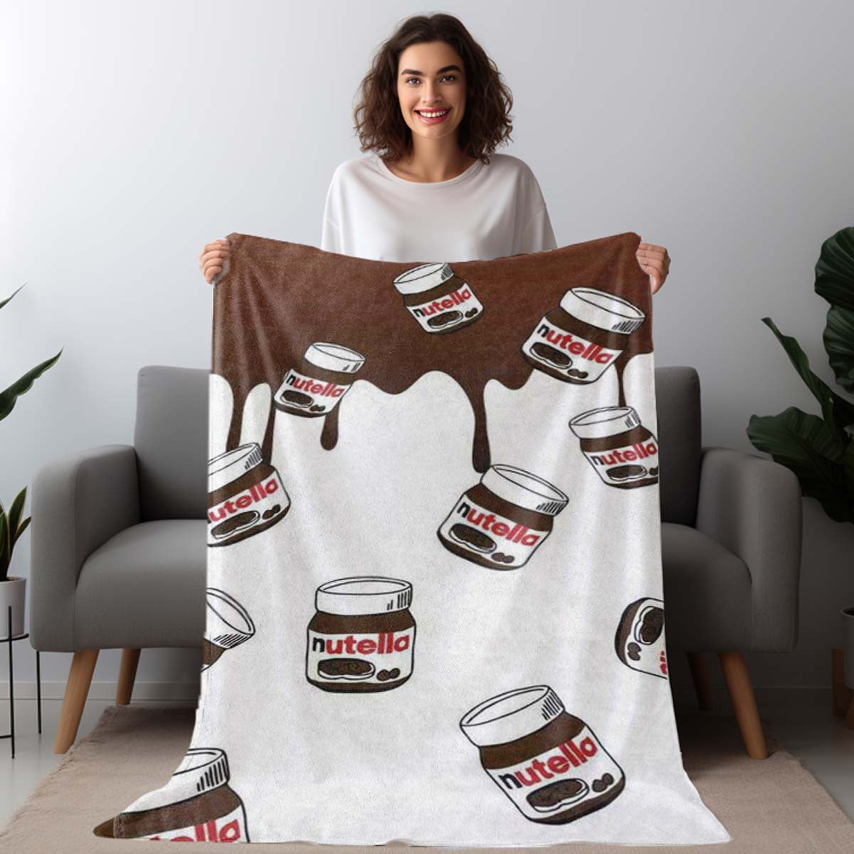 Cozy up with this luxurious Nutella Chocolate Spread Art Flannel Fleece Throw Blanket. Featuring a digital print design, this soft and cozy wrap is perfect for use on the sofa, in the office, on the bed, or while traveling. The glamorous Nutella pattern