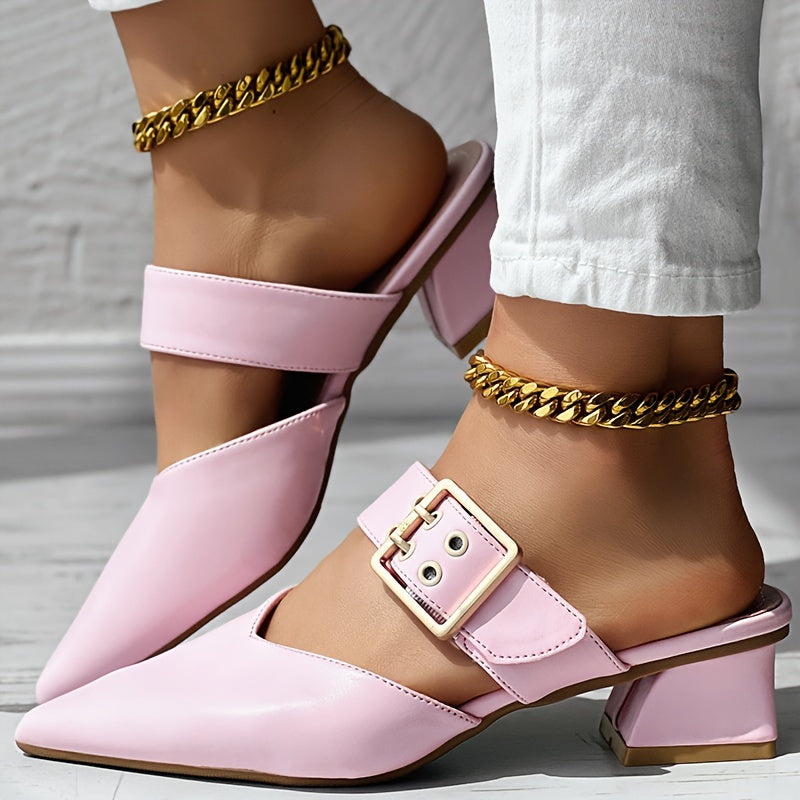 Women's elegant solid color Mary Jane shoes with buckle detail, slip-on design, and block heel.