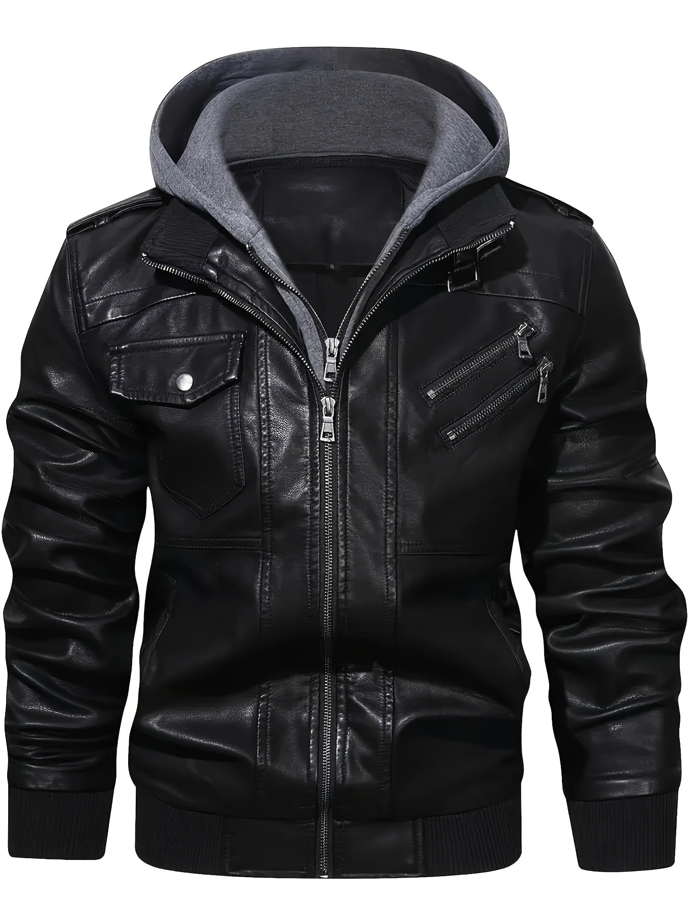 Men's casual faux leather jacket with hood, multi-pocket design, regular fit, solid color, polyester lining, woven fabric - Pearson OBM.