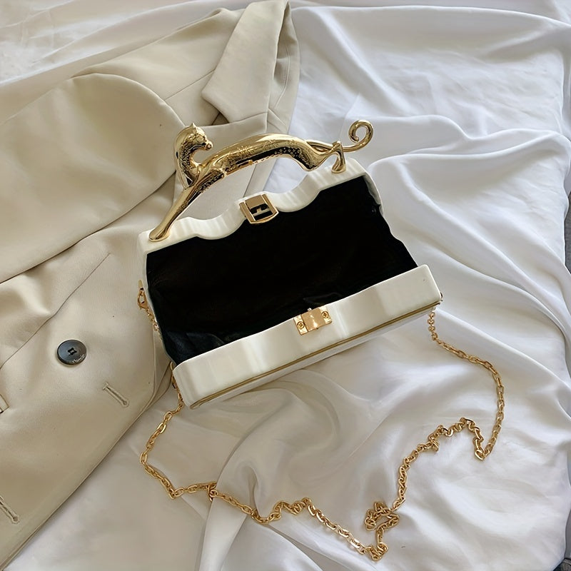 Chic white clip-on bag with gold chain strap, kiss lock closure, detachable shoulder strap, ideal for daily use.