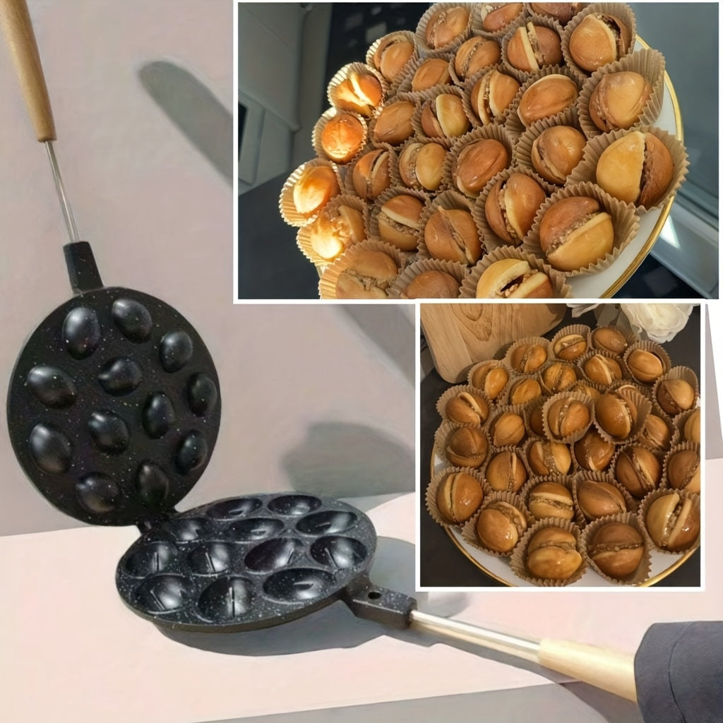 Household oval waffle baking pan with walnut cracker and cookie making features suitable for gas nuts baking.