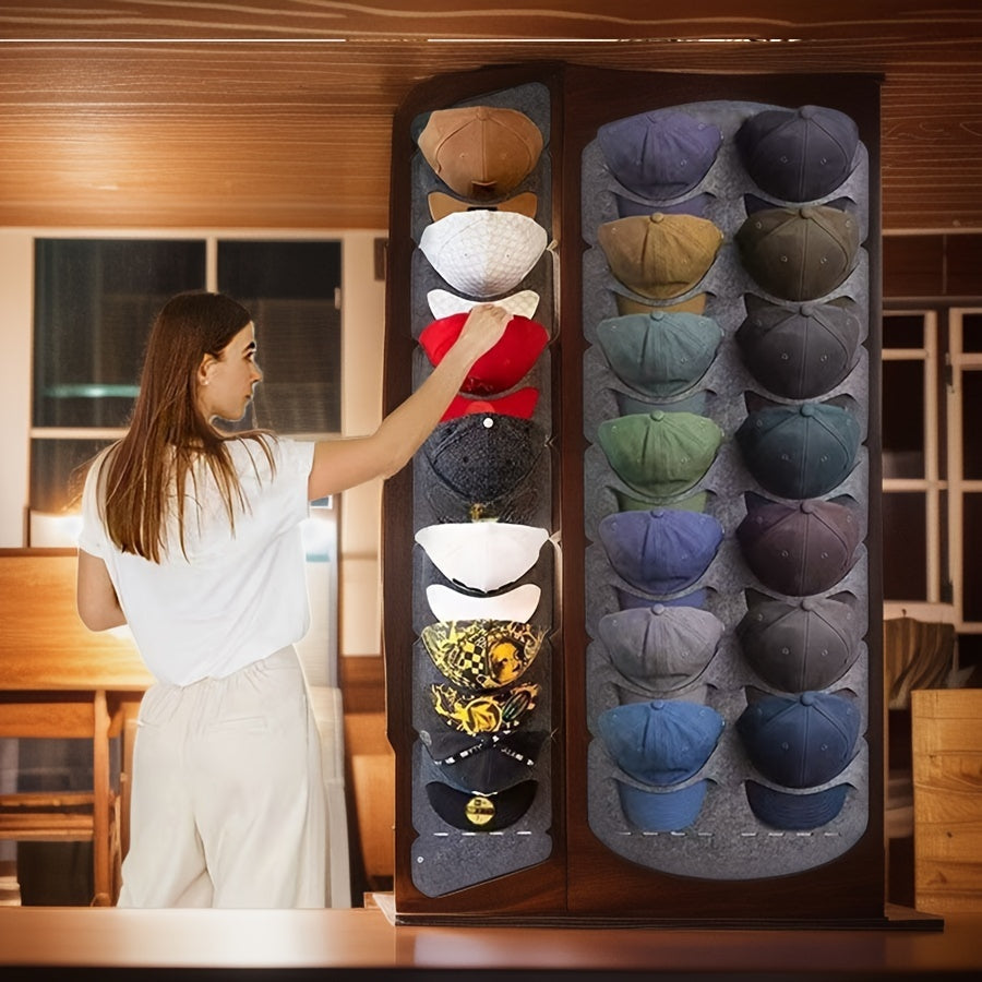 Wall-mounted storage option for baseball caps with seven shelves, this versatile linen hat organizer is perfect for keeping your caps tidy and easily accessible. It also doubles as a portable travel cap holder.