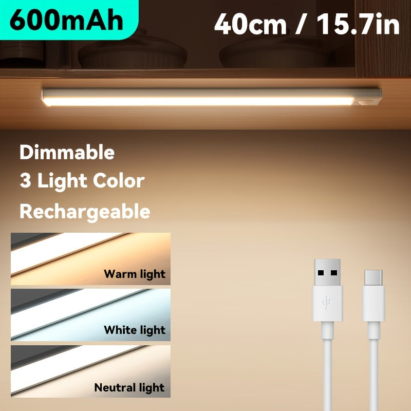 Adjustable brightness USB-rechargeable LED cabinet light with magnetic installation and built-in battery.