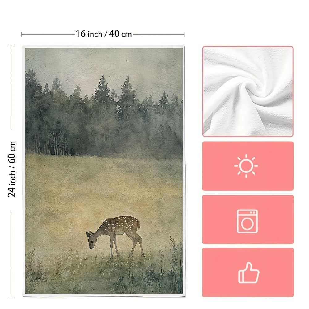 Get two ultra soft kitchen towels featuring a serene meadow and deer design. These highly absorbent polyester dish hand towels are machine washable and measure 40.64x60.96 cm. They are perfect for holiday decor.