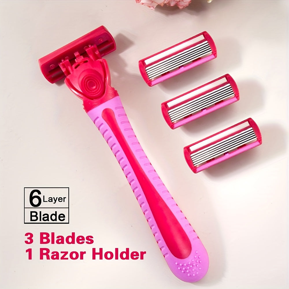 Women's manual razor with 1 handle, 3 blade heads, 6-layer stainless steel blades, hypoallergenic, washable, replaceable safety heads, suitable for normal skin.