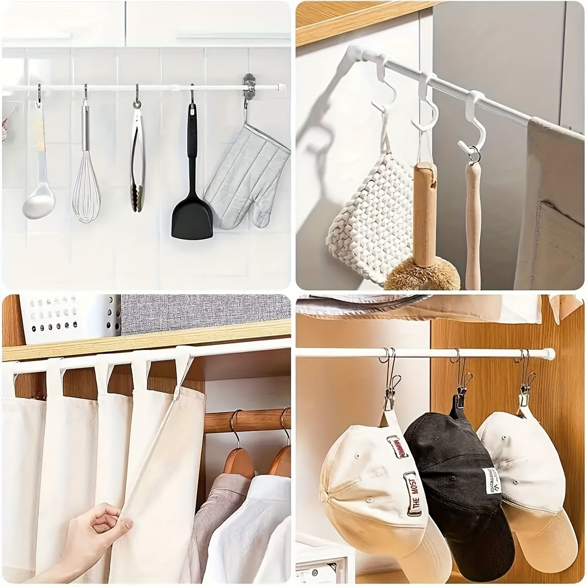 Adjustable tension curtain rod, no-drill extendable design for easy installation in bathroom, kitchen, window sill, balcony, living room. Can be used for door curtains, window curtains, wardrobe, or hanging clothes.