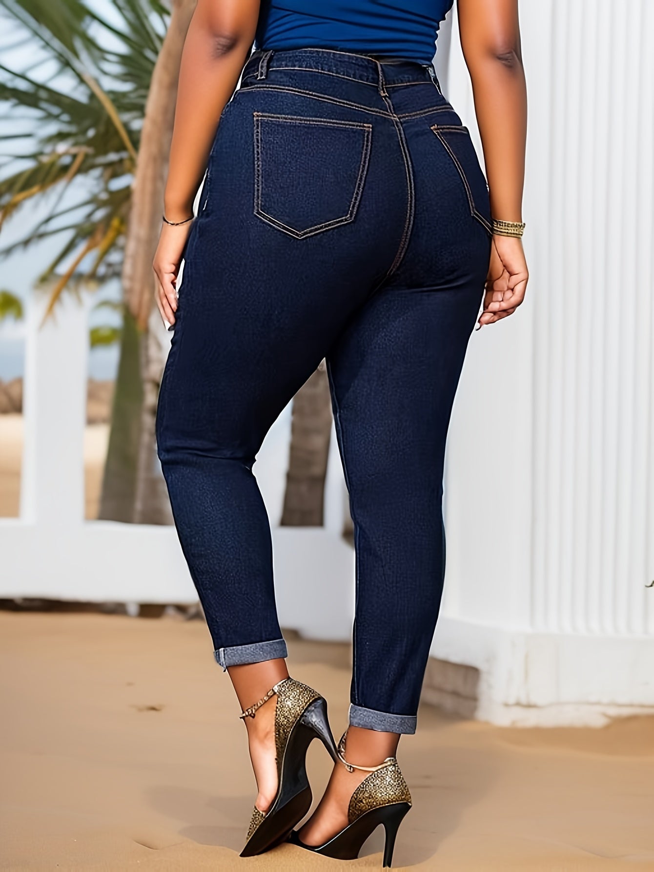 Plus Size Casual Jeans, Women's High Rise Medium Stretch Skinny Jeans with Rolled Button Fly