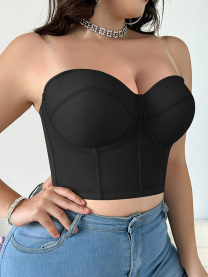 Elegant plus size women's bralette with detachable straps, invisible half-cup design, underwire support, breathable shaping, nylon and elastane material, push-up and thin cup.