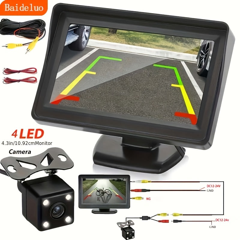 Baideluo car monitor with 4.3 inch HD display and rearview camera kit for universal car pickup.