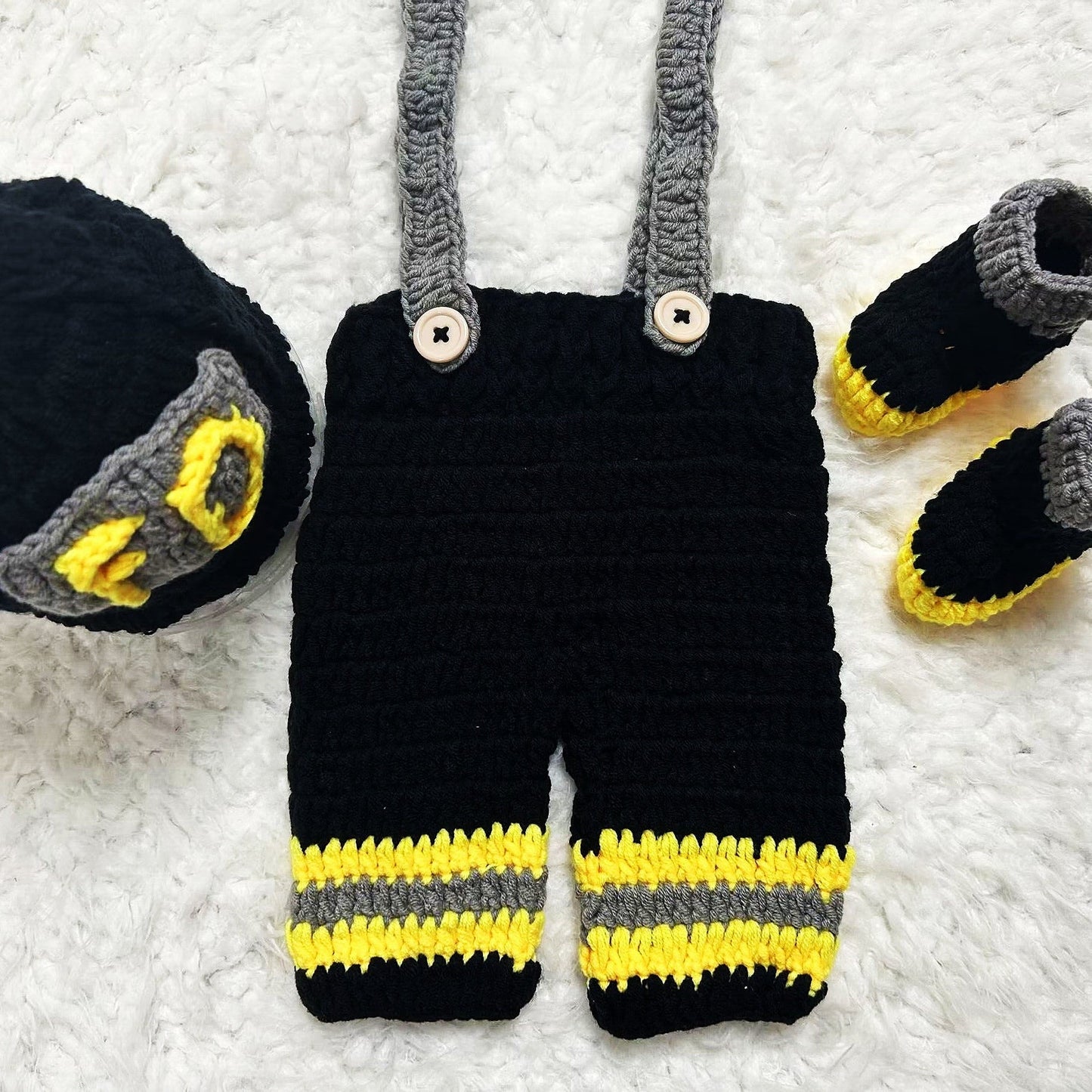 Set of 3 FD Firefighter Newborn Baby Photography Props, including crochet yarn hat, overalls, and boots.