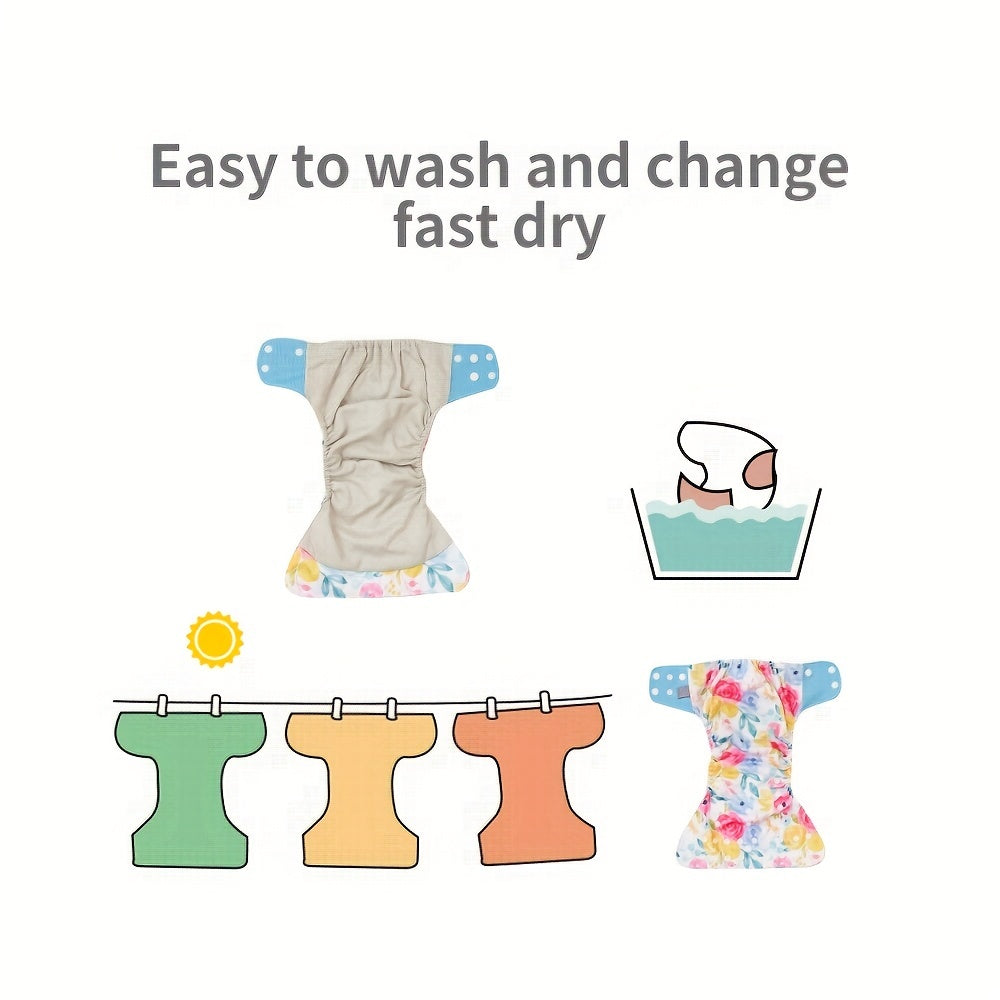 Set of 4 Waterproof Washable Cloth Diapers with 4 3-Layer Microfiber Absorbent Inserts included.