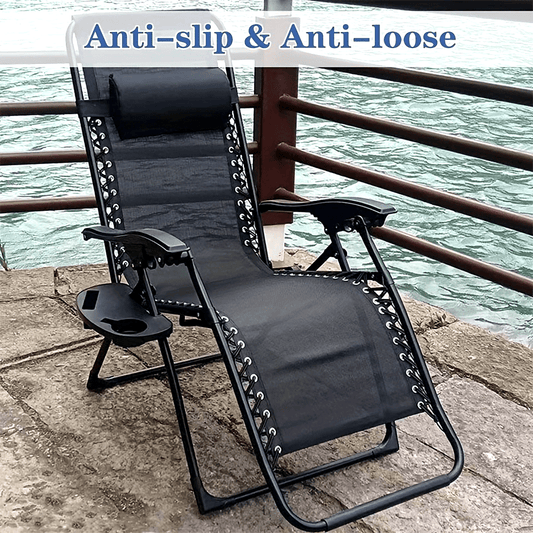 A modern black zero gravity chair accessory tray with cup holder and phone slot. Its durable clip-on design is perfect for lounging and beach recliners, and it is made of sturdy plastic.