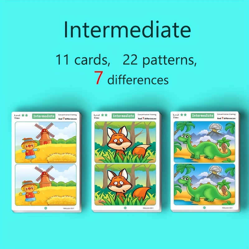 Fun and educational spot the difference game featuring 36 cards with monkey illustrations. Includes marker pen to improve focus and learning. Perfect gift for youngsters, colorful patterns