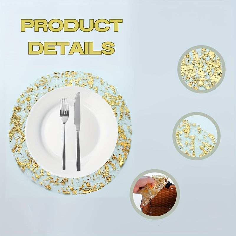 12 piece set of golden metal circle disposable placemats, perfect for dining tables, weddings, birthdays, parties, holidays, and home decor.