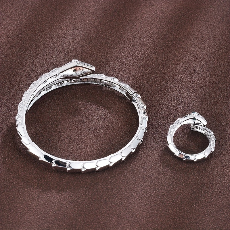 Chic Serpent-inspired Jewelry Set adorned with Zirconia for Women's Bracelet and Ring