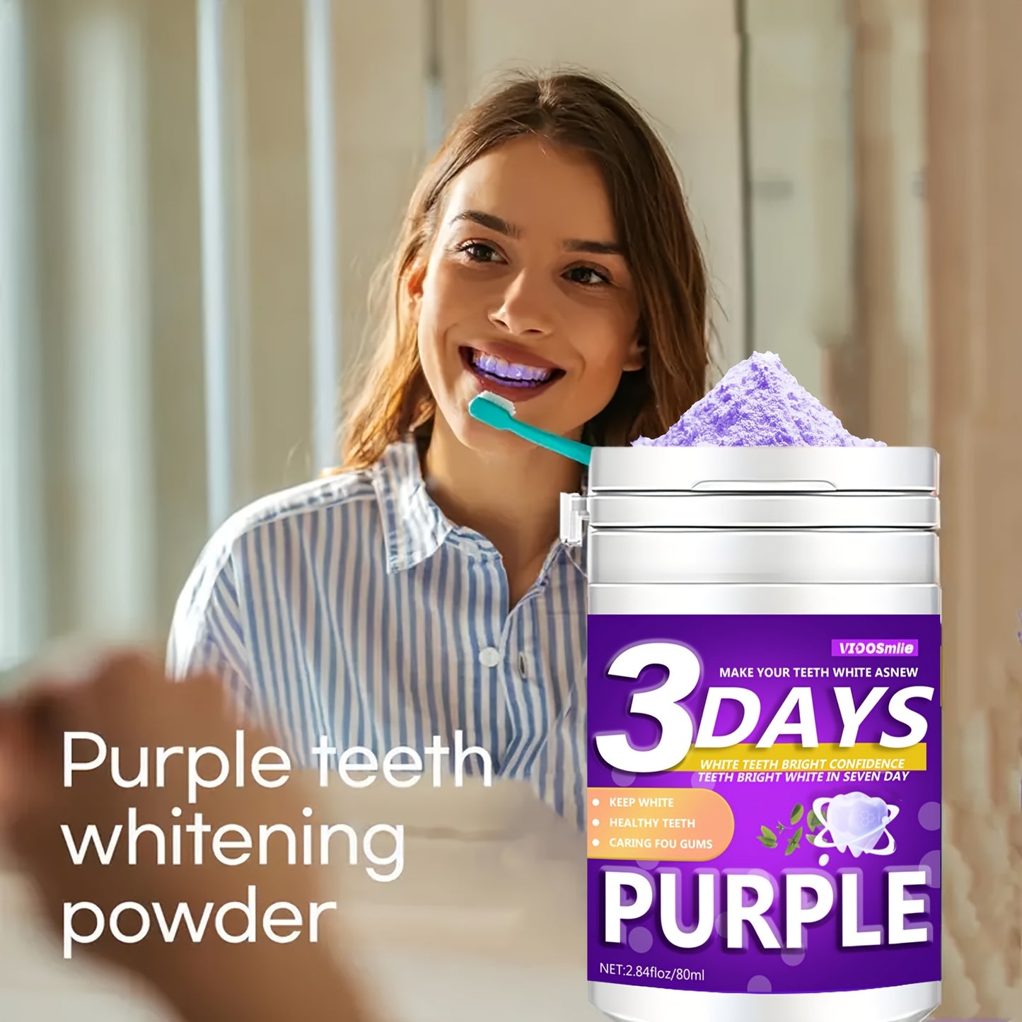 Vidosmile Purple Tooth Powder 80ml: Natural teeth whitening with honeysuckle flower & mint, baking soda brightening, gentle oral care for fresh breath & healthy gums.