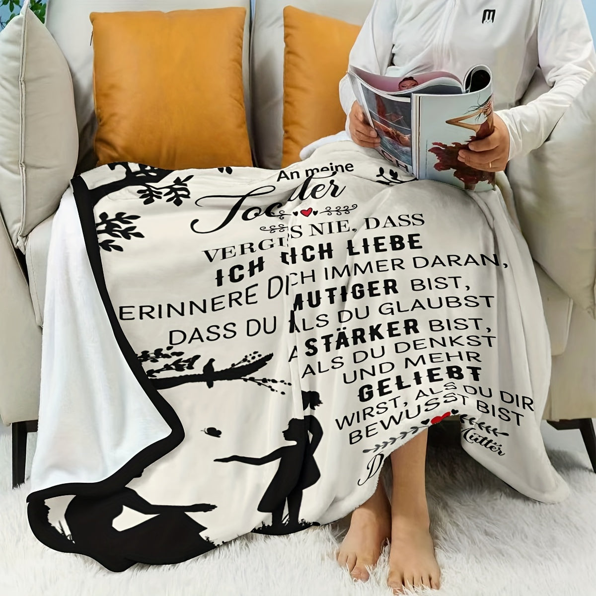 Modern German-themed Throw Blanket featuring a motivational quote, made of polyester and digitally printed. This all-season cozy blanket weighs between 200-250gsm, perfect for use in the office, home decor, bed, sofa, car, or nap. Ideal gift for your