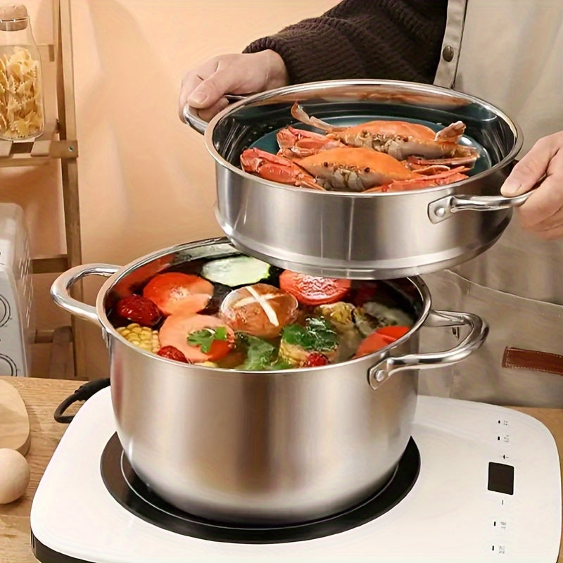 26cm 10-inch Stainless Steel Double Boiler - Large Capacity Multi-Purpose Cooking Pot with Lid, Ideal for Soup, Steam and More - Versatile Kitchen Cookware for Every Household