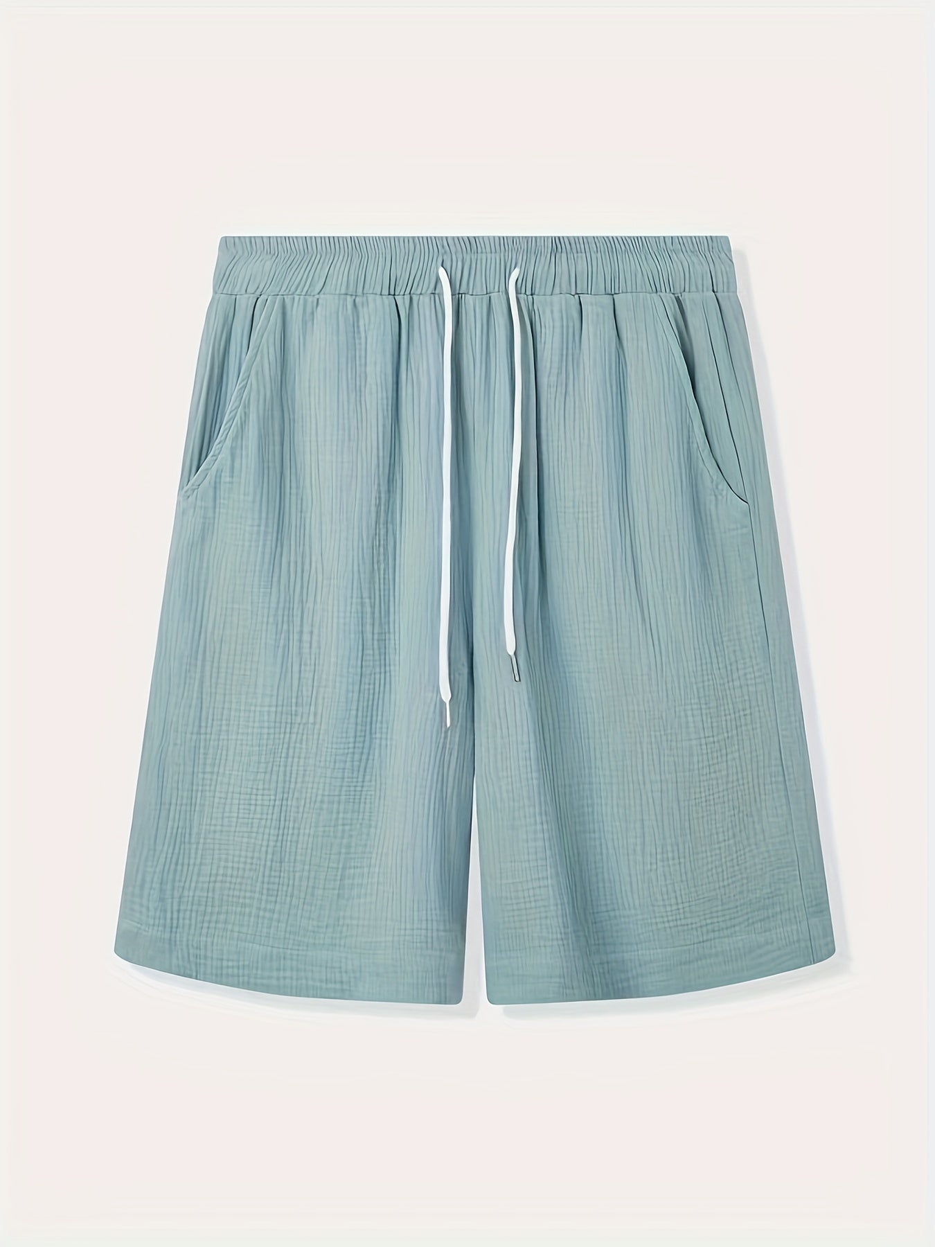 Men's solid color woven casual shorts with pockets, loose fit, perfect for beach, vacation, or weekend casual wear.