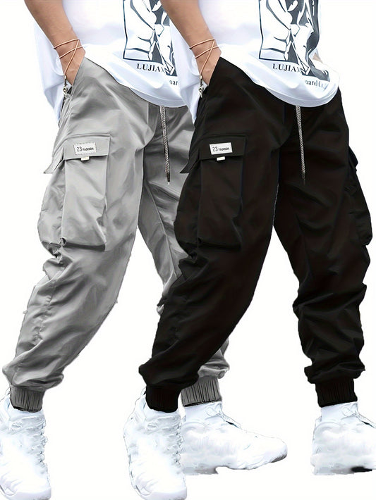 Set of 2 men's plus size cargo pants with athletic and casual style, featuring trendy pockets.