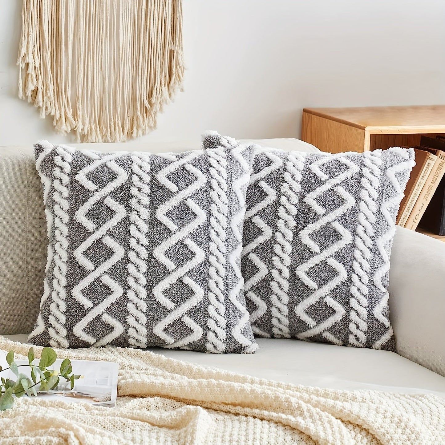 Soft plush geometric pattern throw pillow cover with a cozy and modern decorative cushion case featuring a zipper closure. Made of machine washable polyester in a blue and white herringbone design, perfect for use on the sofa or in the bedroom. Ideal for