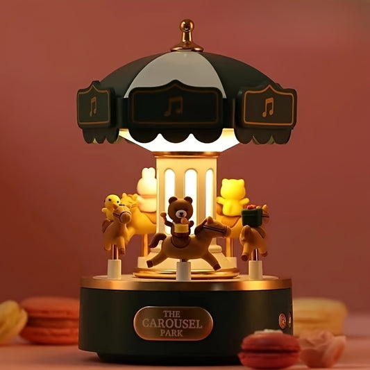 Cartoon Carousel Music Box Night Light with adjustable lighting and push button control, rechargeable via USB. Perfect for home decor and gifting.