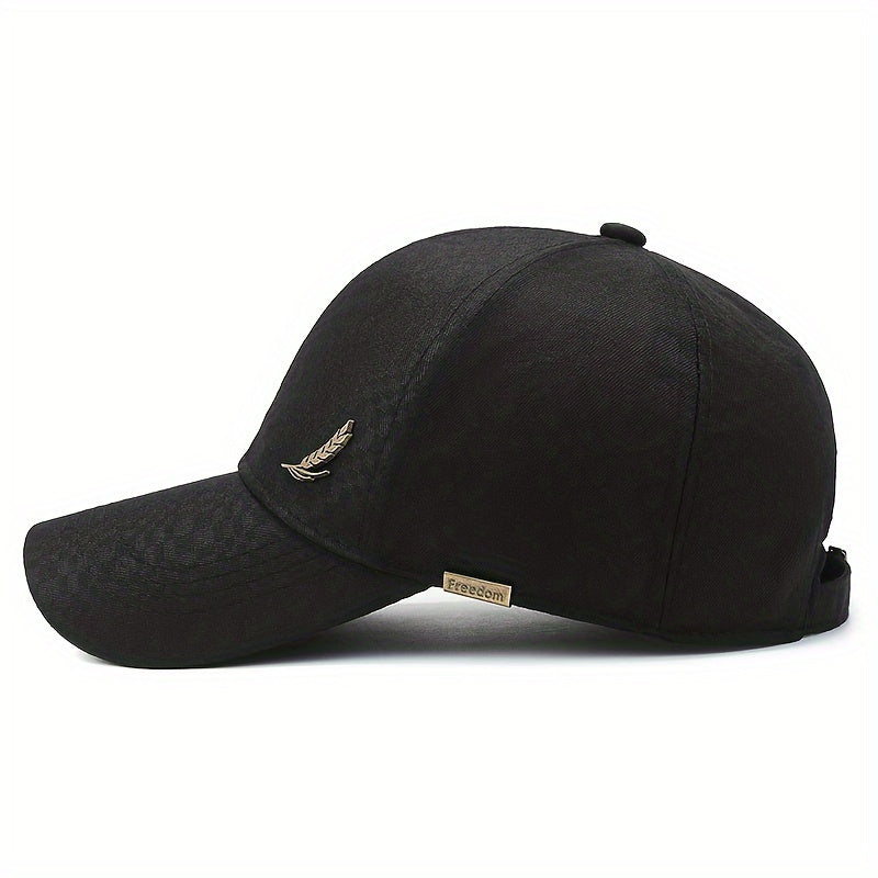 Adjustable baseball cap with wheat embroidery. Suitable for outdoor sports. One size fits most.