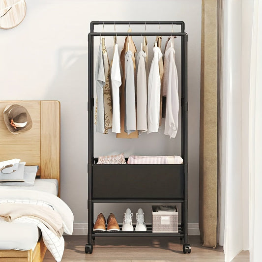 Iron Art Stand-Alone Wardrobe Rack with Wheels, 147.98cm Height, Parallel Assembly, Expandable, Featuring 4 Shelves for Clothing and Shoes, Beetle Wood Finish, Bedroom Storage Organizer with Ventilation Option