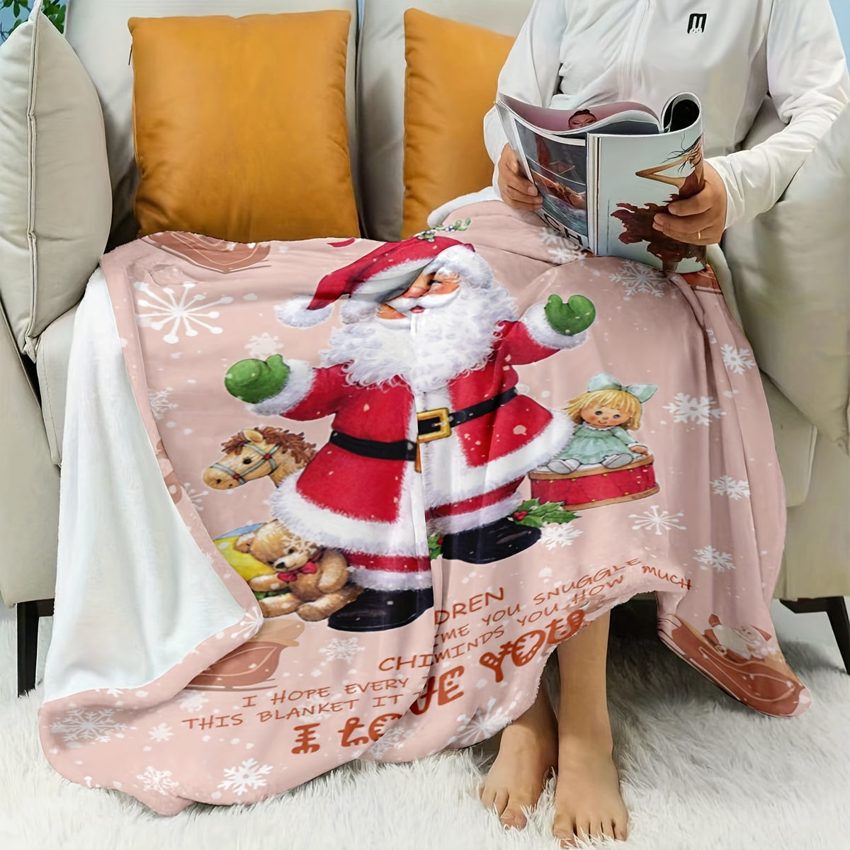 Soft flannel throw blanket featuring a mid-century Santa Claus print. This all-season, stain-resistant blanket is perfect for adding a touch of fantasy to your bedding. With digital print woven craftsmanship, this blanket makes an ideal holiday gift for