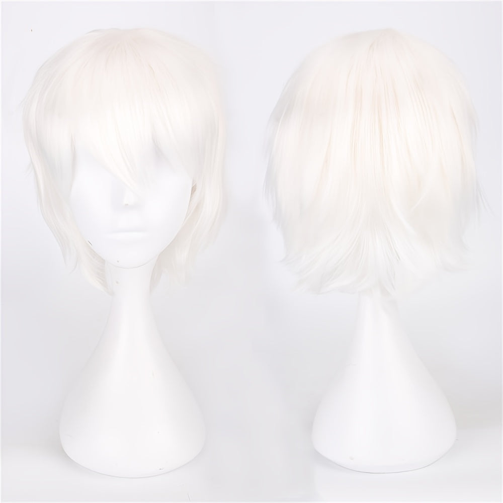 Vibrant Cosplay Wigs Available for Men and Women, Featuring Short, Straight Styles in Orange, Blue, White, Black, and Multicolored Varieties.